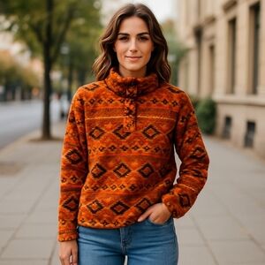 Women's Daisy Fuentes Aztec Tribe Western Orange Fleece Pullover Sweater Size S